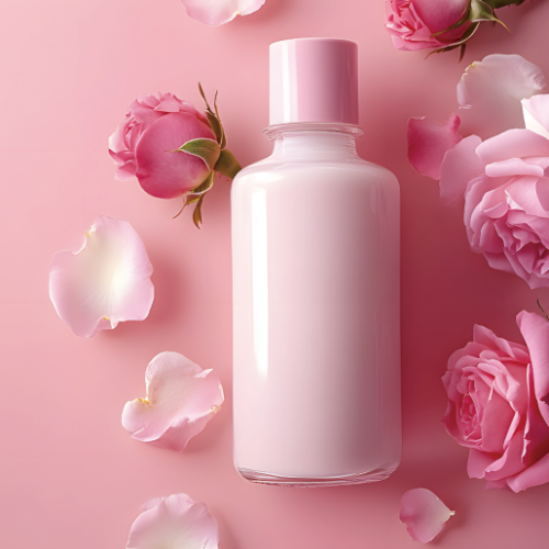 ピンク色のローションボトルとローズの花びら