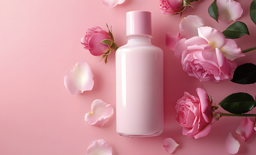 ピンク色のローションボトルとローズの花びら