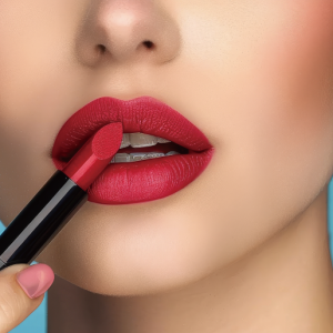 赤いリップを塗る女性の唇のクローズアップ