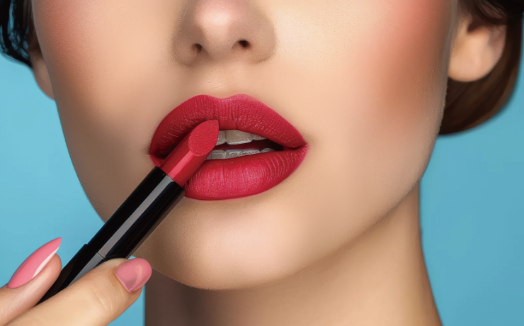 赤いリップを塗る女性の唇のクローズアップ