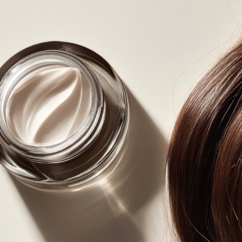 トリートメントクリームの容器と艶やかな髪のクローズアップ