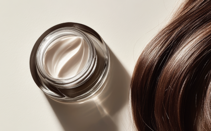 トリートメントクリームの容器と艶やかな髪のクローズアップ